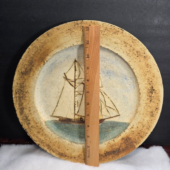 Vintage Signed Hubert Du Roscoat Pottery Art Wall Plate Cottagecore Schooner - Picture 5 of 11